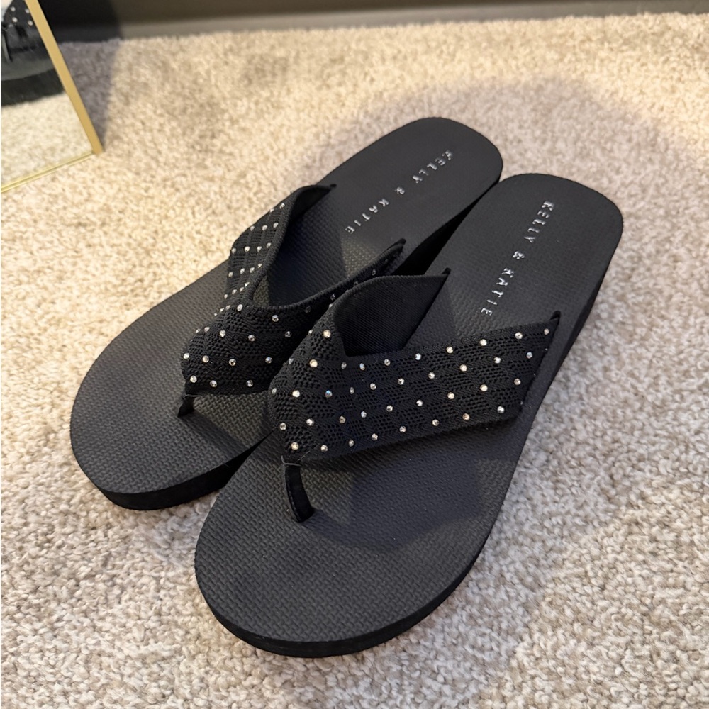 Black Platform Flip-Flops with Rhinestones